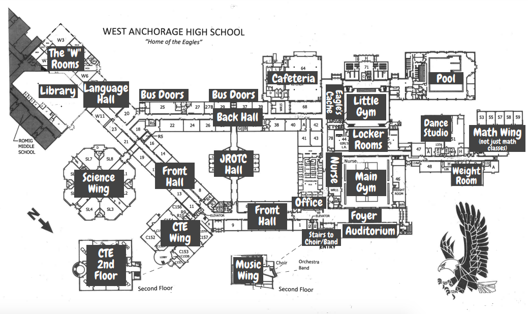 interior map of west high with major areas labeled 